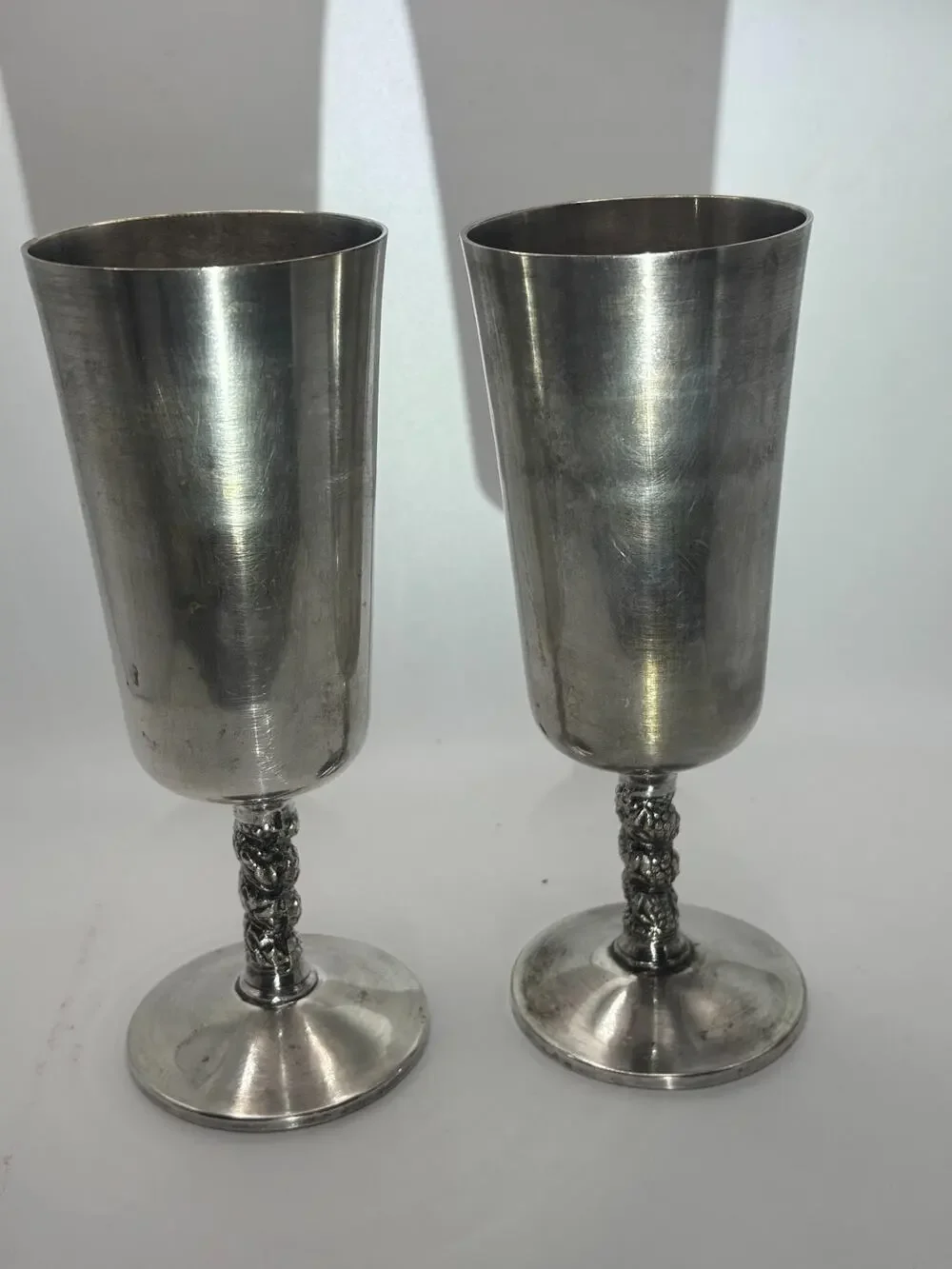 Vintage Crosby Spain Silver Plate Wine Goblets Chalice Vine Stem Set of 2
